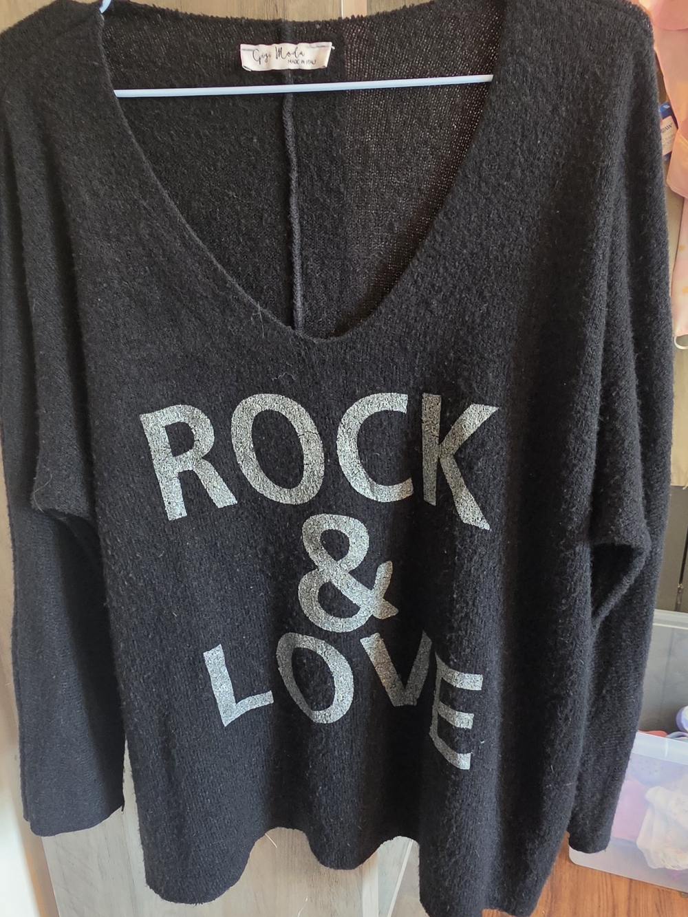 Black V-Neck Sweater with Silver 'Rock & Love' Graphic